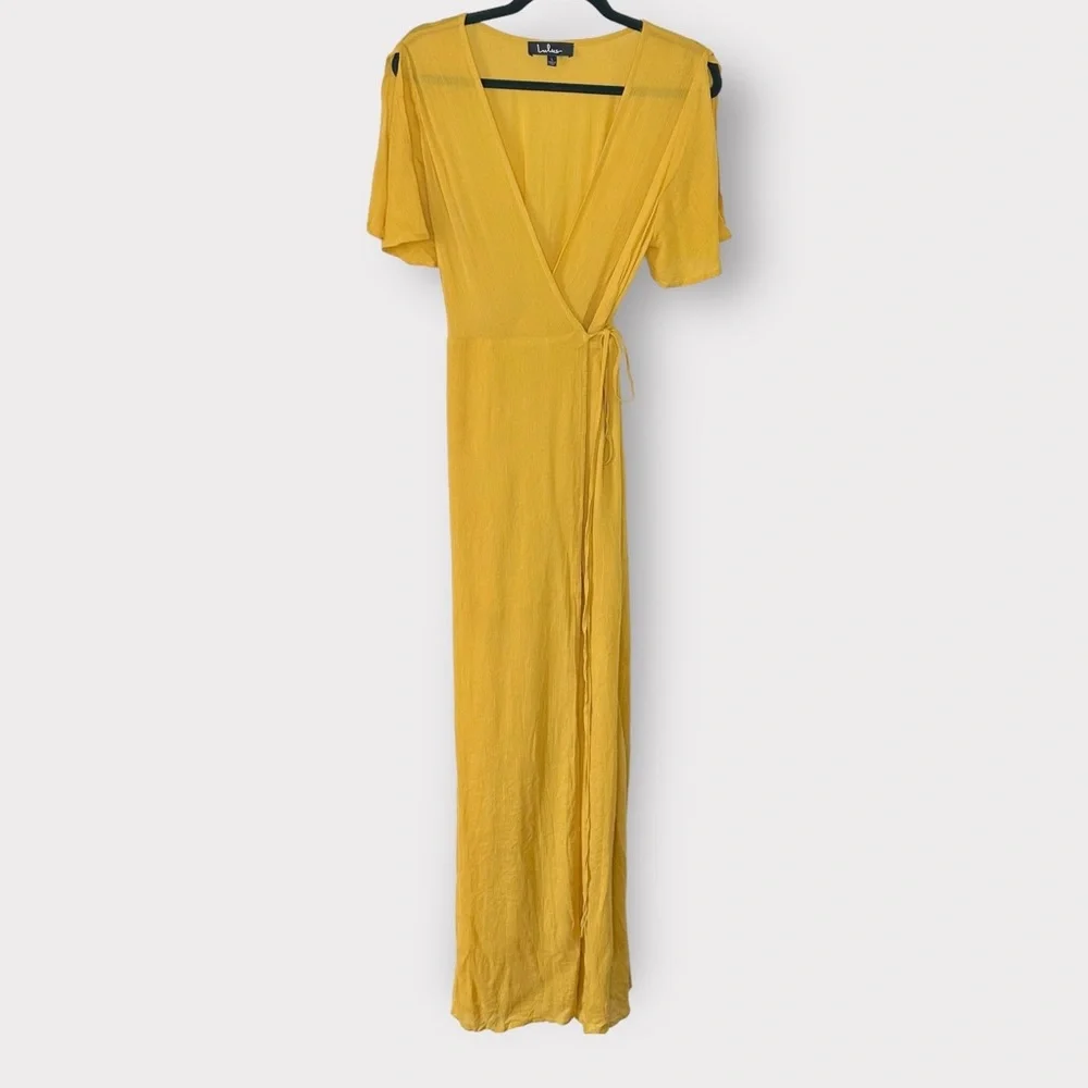 Lulu’s Much Obliged Golden Wrap Dress Large - Picture 2 of 4